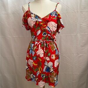 Candie’s Red Tropical Floral Dress Cold Shoulder Ruffle Wrap Style Size S